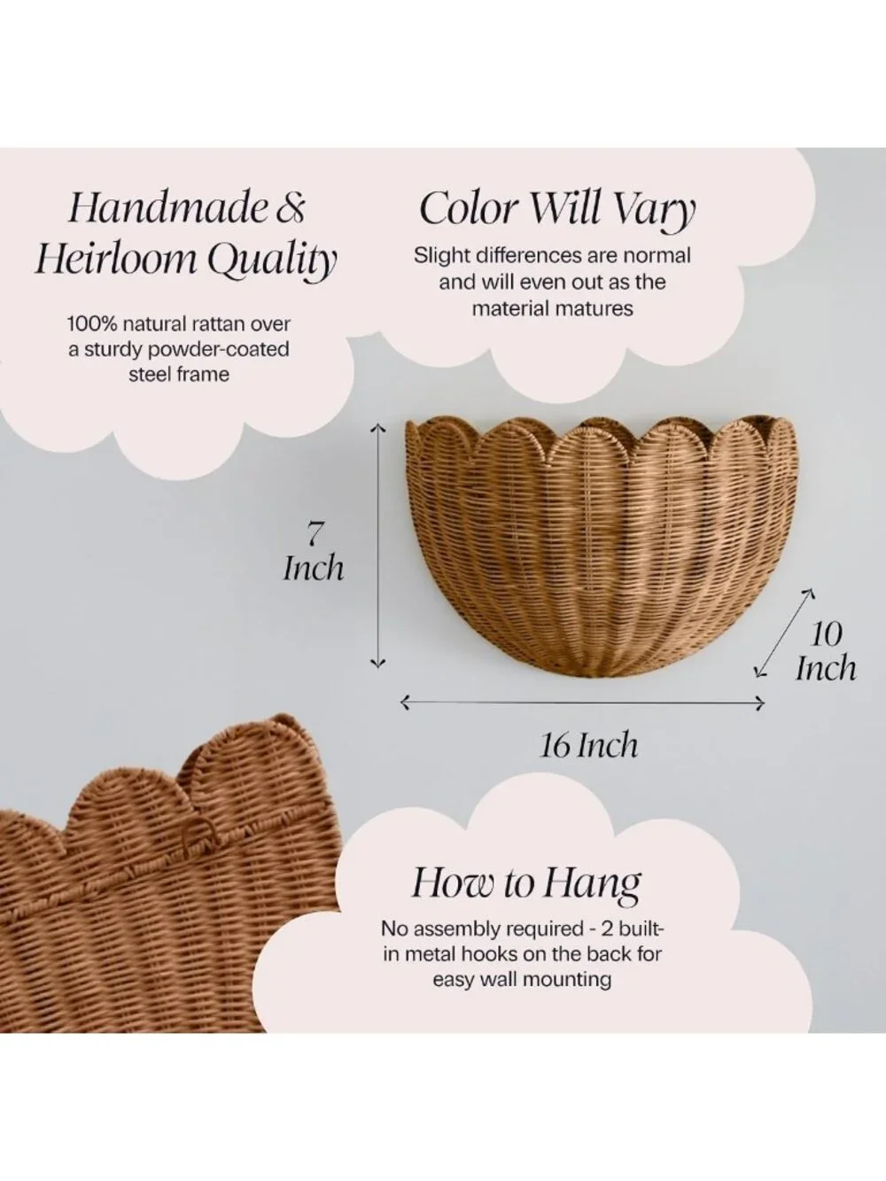 Scalloped Wicker Wall Basket - Decorative Storage Organizer - 16x10x7 Inches